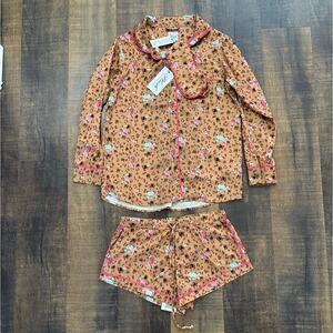 Plush Leopard Floral Satin Pajama Set with Shorts & Eye Mask Size XS